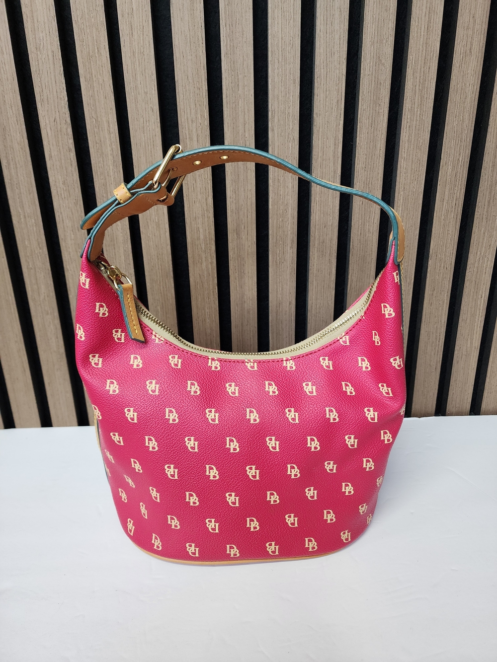 Vintage Dooney & Bourke Red Signature Monogram Hobo with Tan Strap Y2K